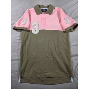 Hackett London Mens XS Polo Shirt Pique Cotton Short Sleeve Pink, Green Stitch